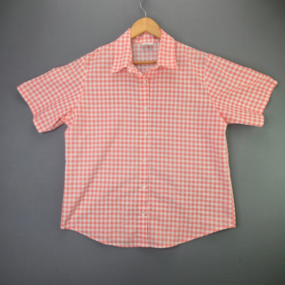 Vicki Wayne Button Up Shirt Gingham Check Size 14 Orange White Vintage Short Slv
